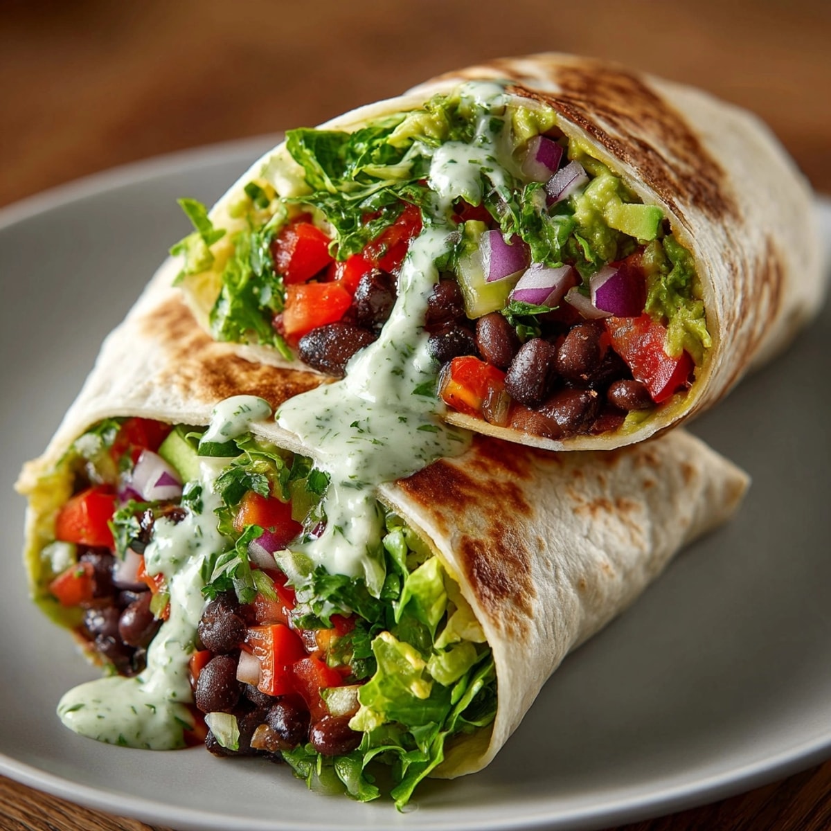 Creamy avocado black bean wraps, bursting with fresh cilantro and a zesty lime dressing.