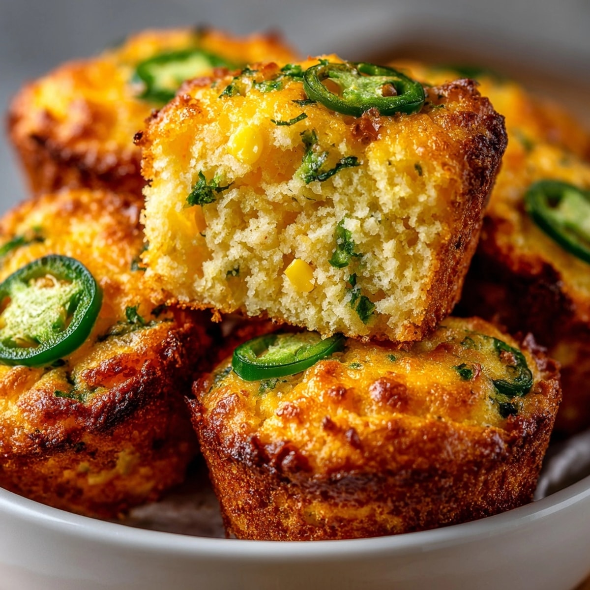 Golden Cheesy Jalapeño Cornbread Muffins, fresh from the oven, flecked with peppers.