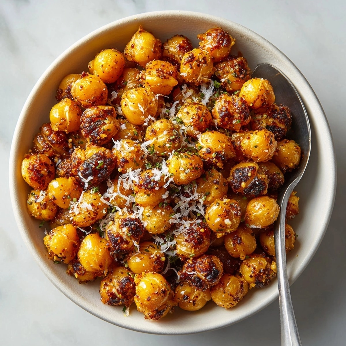 Golden, crunchy spiced roasted chickpeas, fresh from the oven and seasoned perfectly.