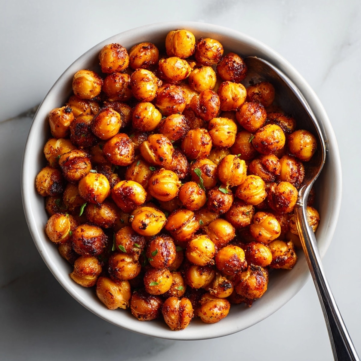 Crispy spiced roasted chickpeas are a simple, delicious topping for salads or soups.