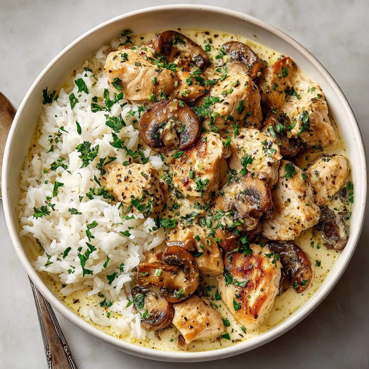 Creamy Mushroom Chicken and Rice: Golden chicken simmered in rich mushroom sauce with fluffy rice.