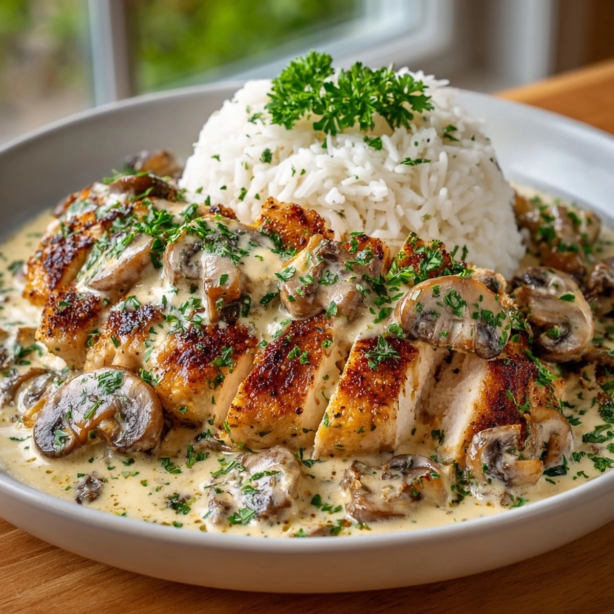A comforting plate of Creamy Mushroom Chicken and Rice, ready to eat!