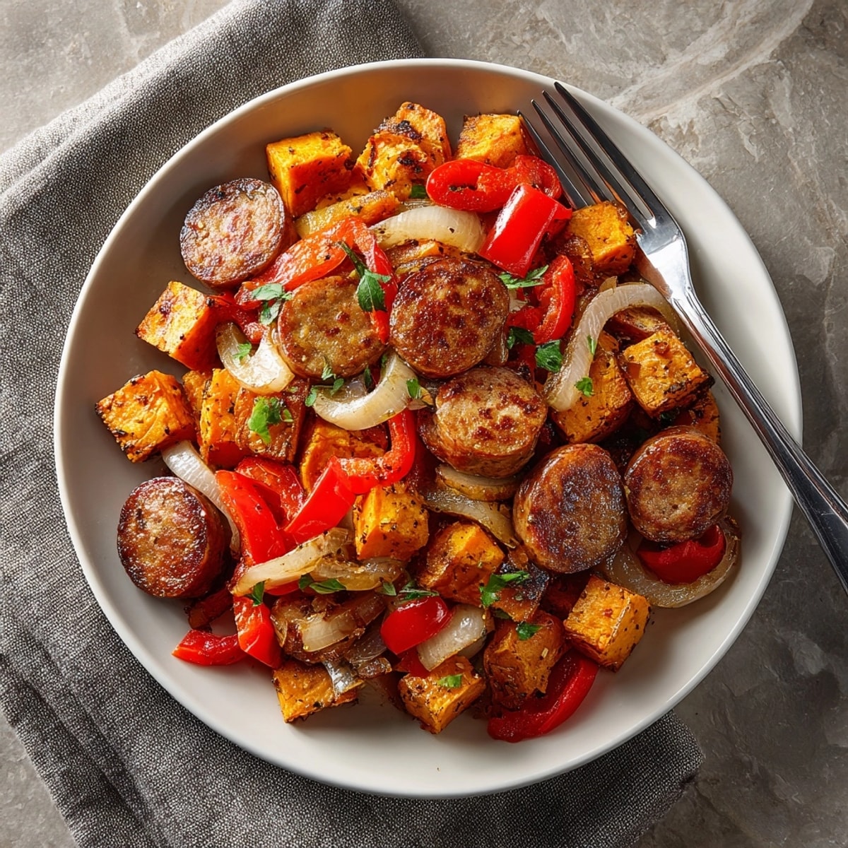 Hearty One-Pot Sausage and Sweet Potato Hash; healthy, flavorful comfort food served warm.