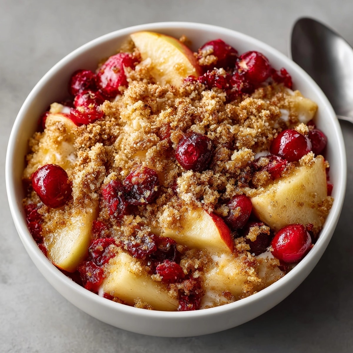 Golden brown Cranberry Apple Crisp bubbling hot, ready for vanilla ice cream.