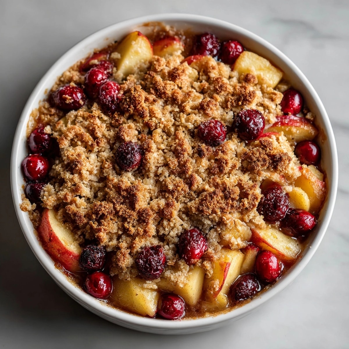 Sweet and tart Cranberry Apple Crisp baking in a rustic dish, smells divine.