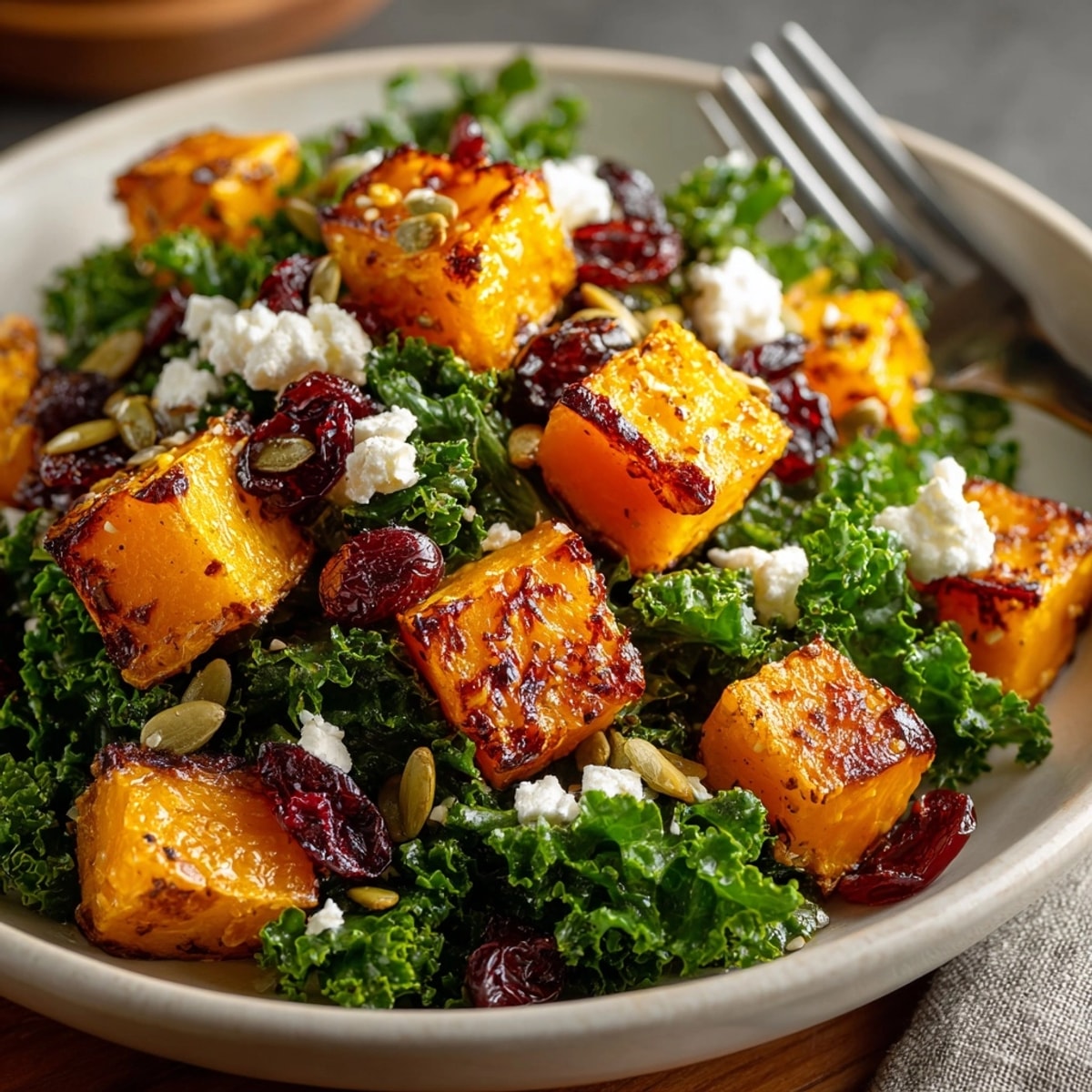 Roasted Butternut Squash and Kale Salad, vibrant colors, drizzled with tangy vinaigrette dressing.