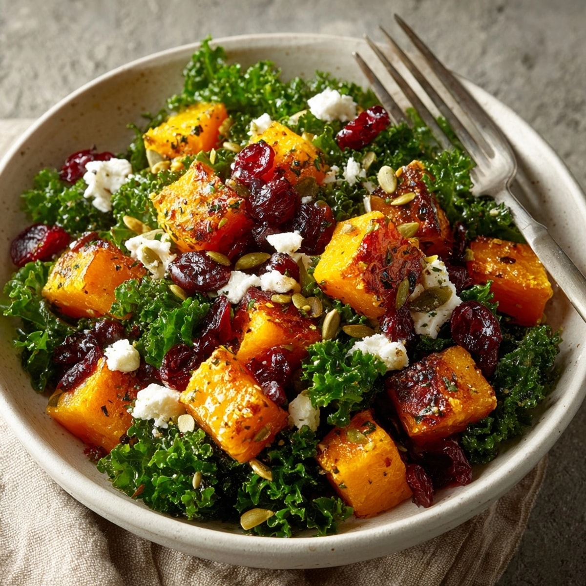 Golden Roasted Butternut Squash & Kale Salad: warm, earthy autumn flavors, ready to serve.