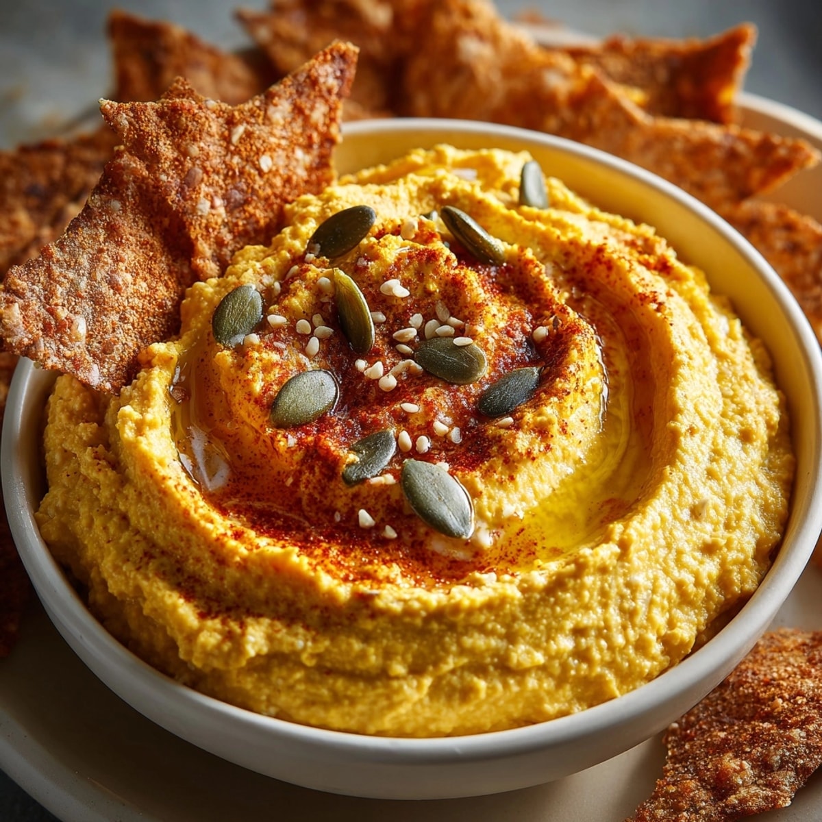 Creamy Pumpkin Spice Hummus in bowl, swirled nicely, with baked bat-shaped pita chips.