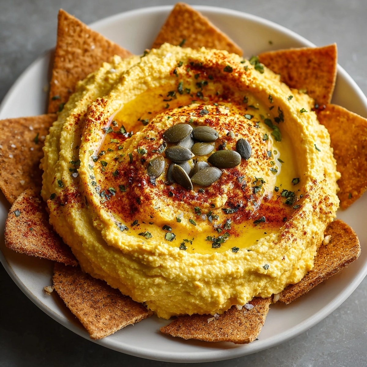 Close up of bat pita chip dipped into creamy Pumpkin Spice Hummus a delicious fall appetizer.