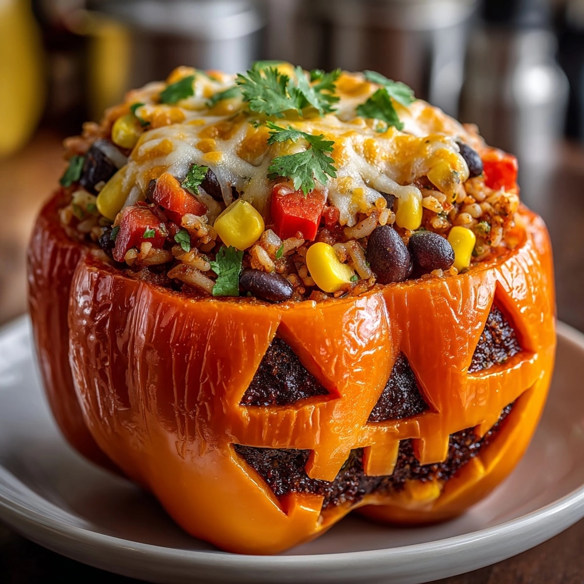 Jack-o'-lantern Black Bean Stuffed Peppers baking in a dish, their cheesy filling bubbling.