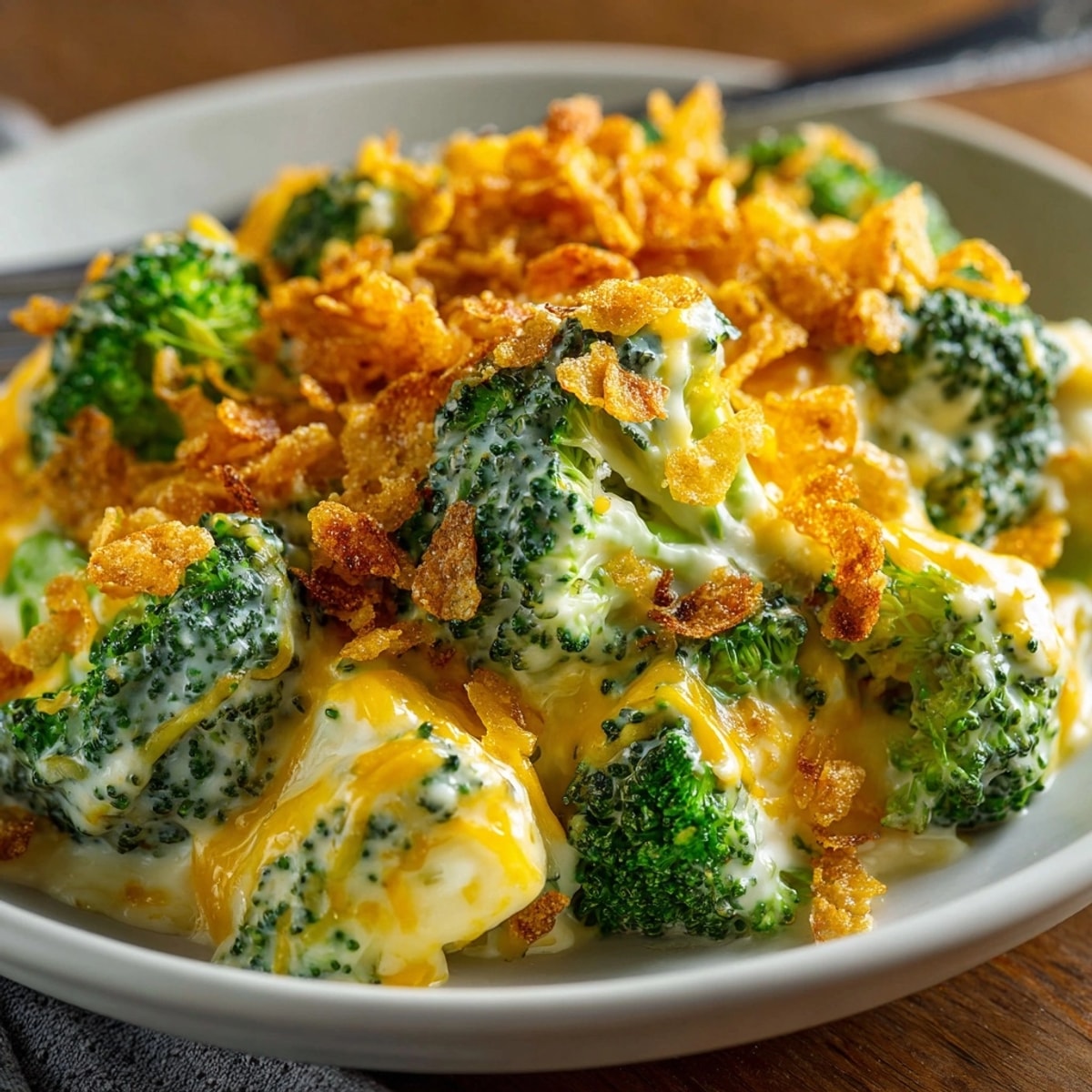 Close-up of creamy Broccoli &amp; Cheddar Casserole, showing the crispy, buttery cornflake crust.