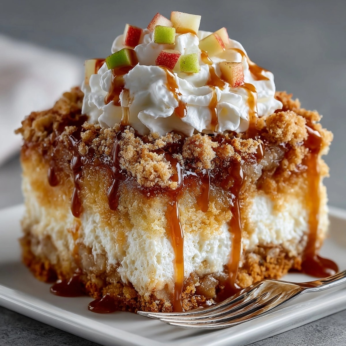 Golden Apple Cider Poke Cake, drizzled caramel, soft whipped cream clouds.