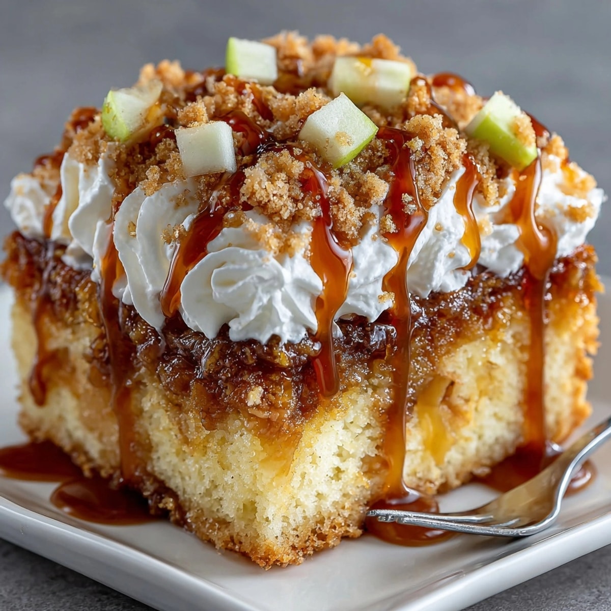 Warm, spiced Apple Cider Poke Cake: Moist, caramel-soaked, ready to serve.
