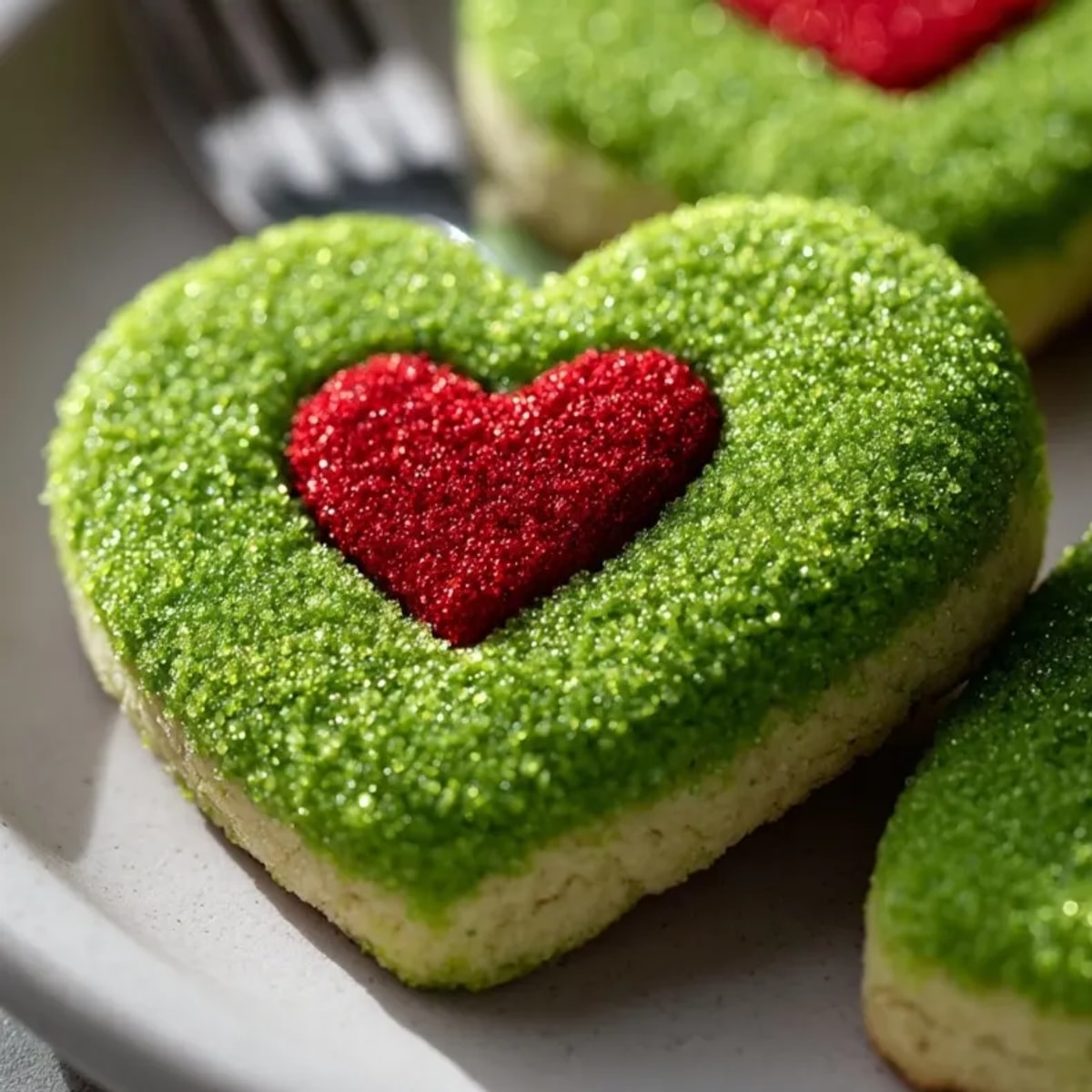 Close-up of festive Grinch Heart Sugar Cookies freshly baked, green and sprinkled.