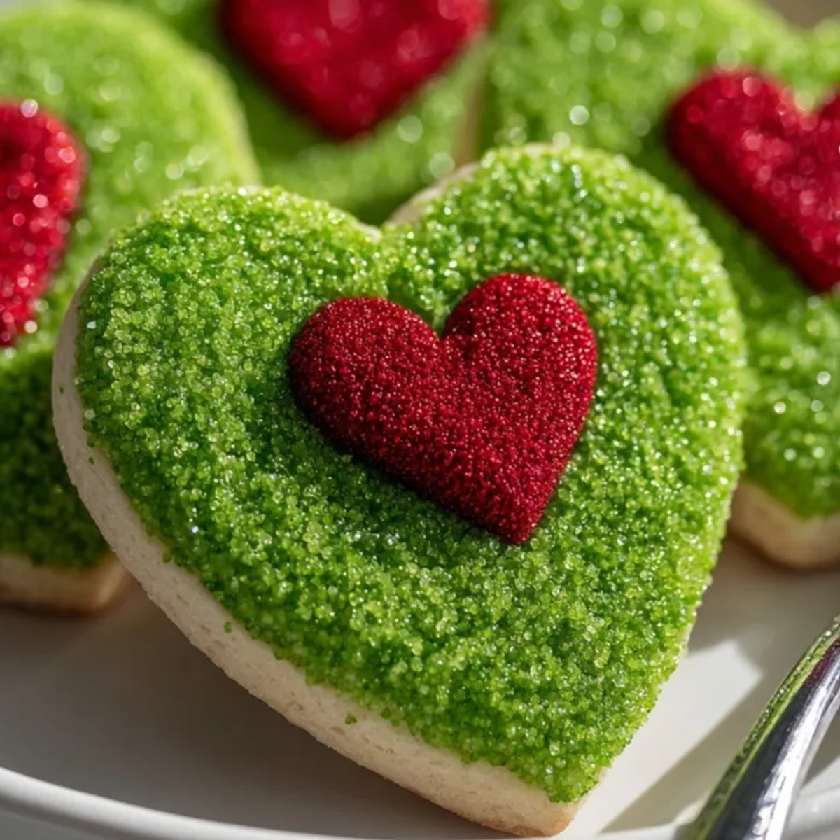 Homemade Grinch Heart Sugar Cookie recipe, showcasing soft, green-tinted cookies with signature red hearts.
