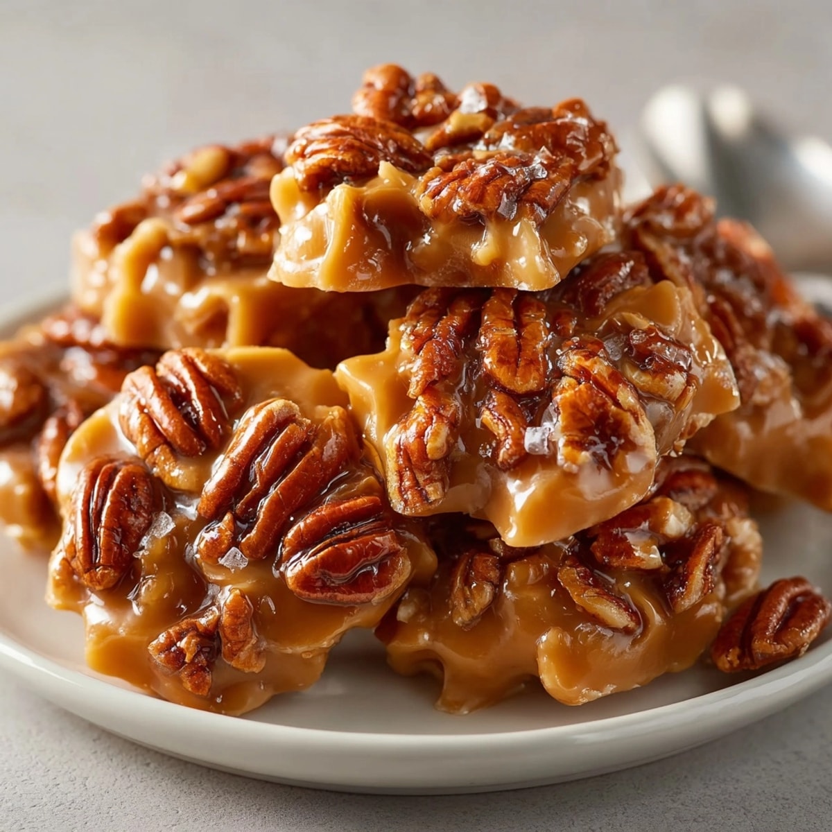 Golden, creamy Bourbon Pecan Pralines cooling on parchment; a tempting Southern dessert.