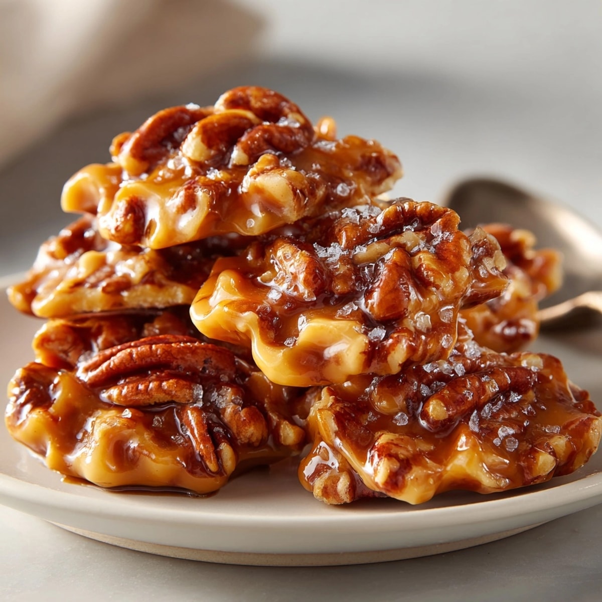 Close-up of freshly made Bourbon Pecan Pralines: candied pecans in rich, buttery goodness.