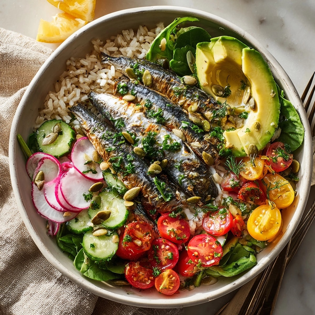 Freshly made Tin Fish Date Night Bowl, ready to eat, with bright vegetables.