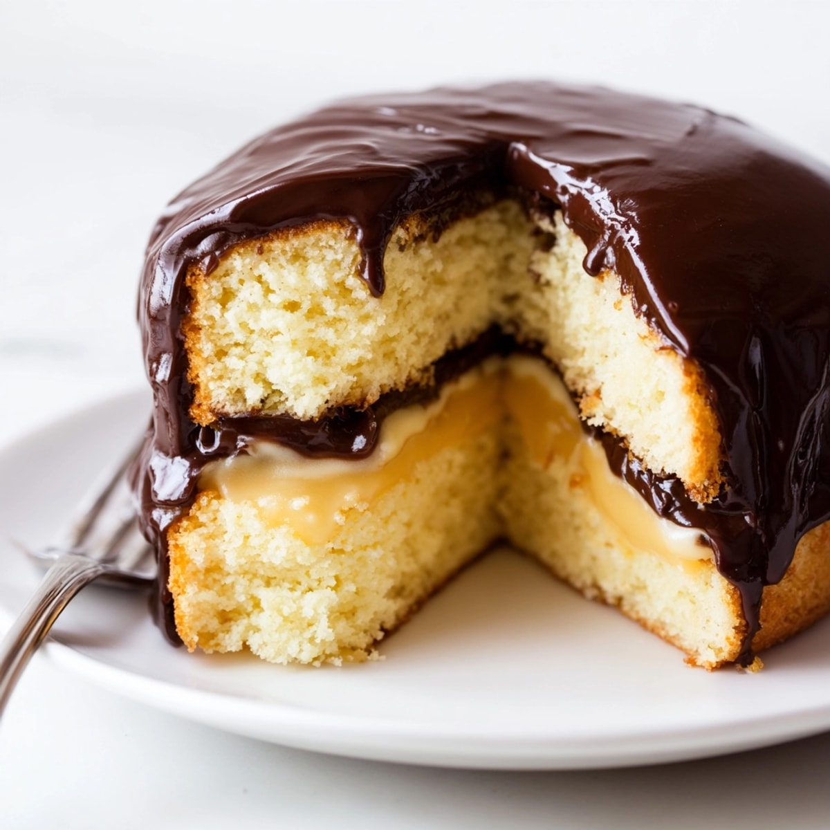 Golden Boston Cream Pie with dripping chocolate, a delightful creamy vanilla-filled cake.