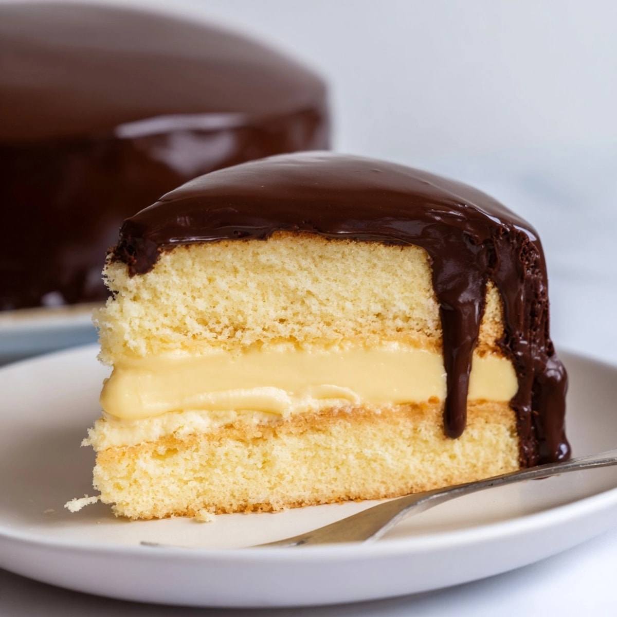 Assembled Boston Cream Pie, a glistening, layered dessert ready for weekend entertaining.