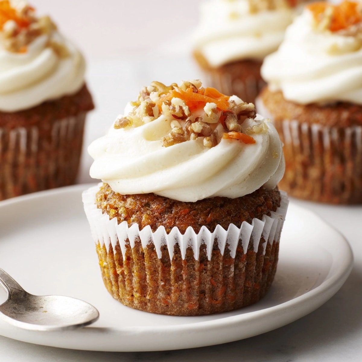 Close-up of delicious Carrot Cake Cupcakes, topped with swirls of cream cheese frosting.