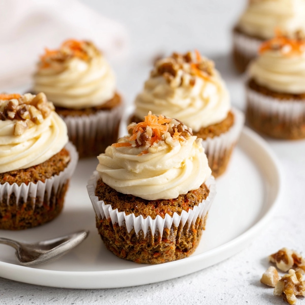 Enjoy these easy Carrot Cake Cupcakes, generously frosted and ready to serve for dessert.