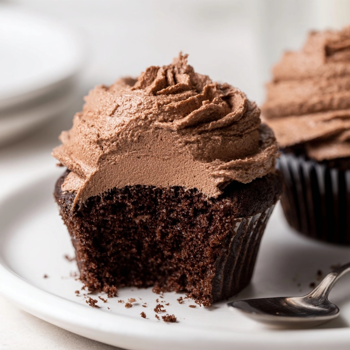 Close-up of homemade chocolate cupcakes, frosted with cocoa, showcased on a wire rack.