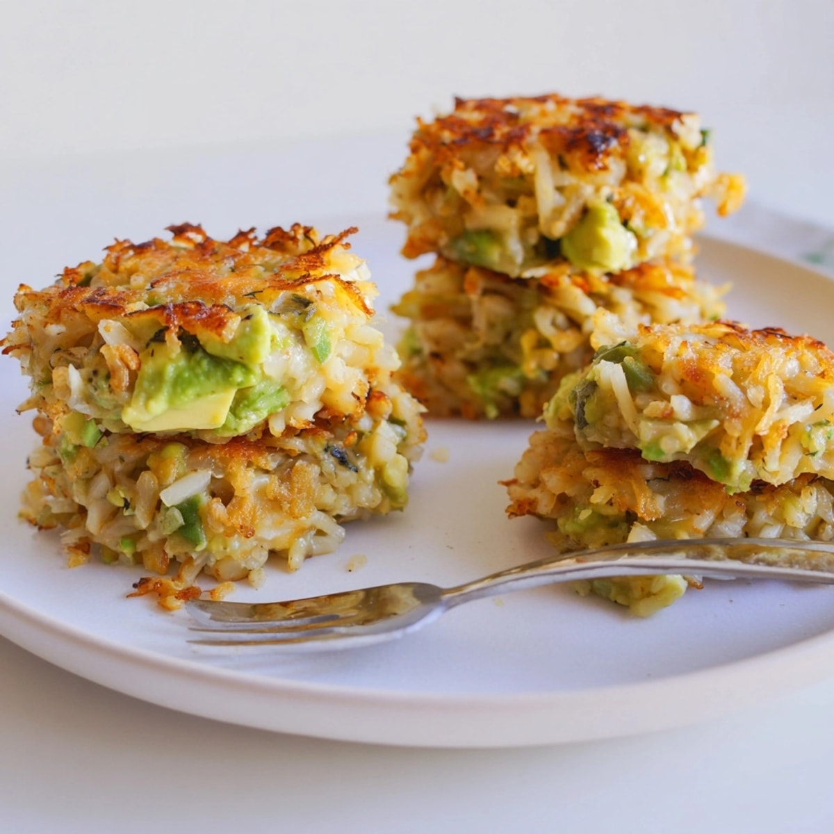Crispy, golden Avocado Cheddar Rice Cakes sizzling in a pan, ready to serve.