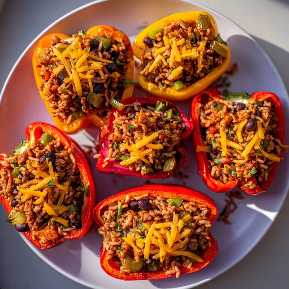 Cajun Turkey Stuffed Sweet Peppers look vibrant, baked to tender, aromatic perfection.