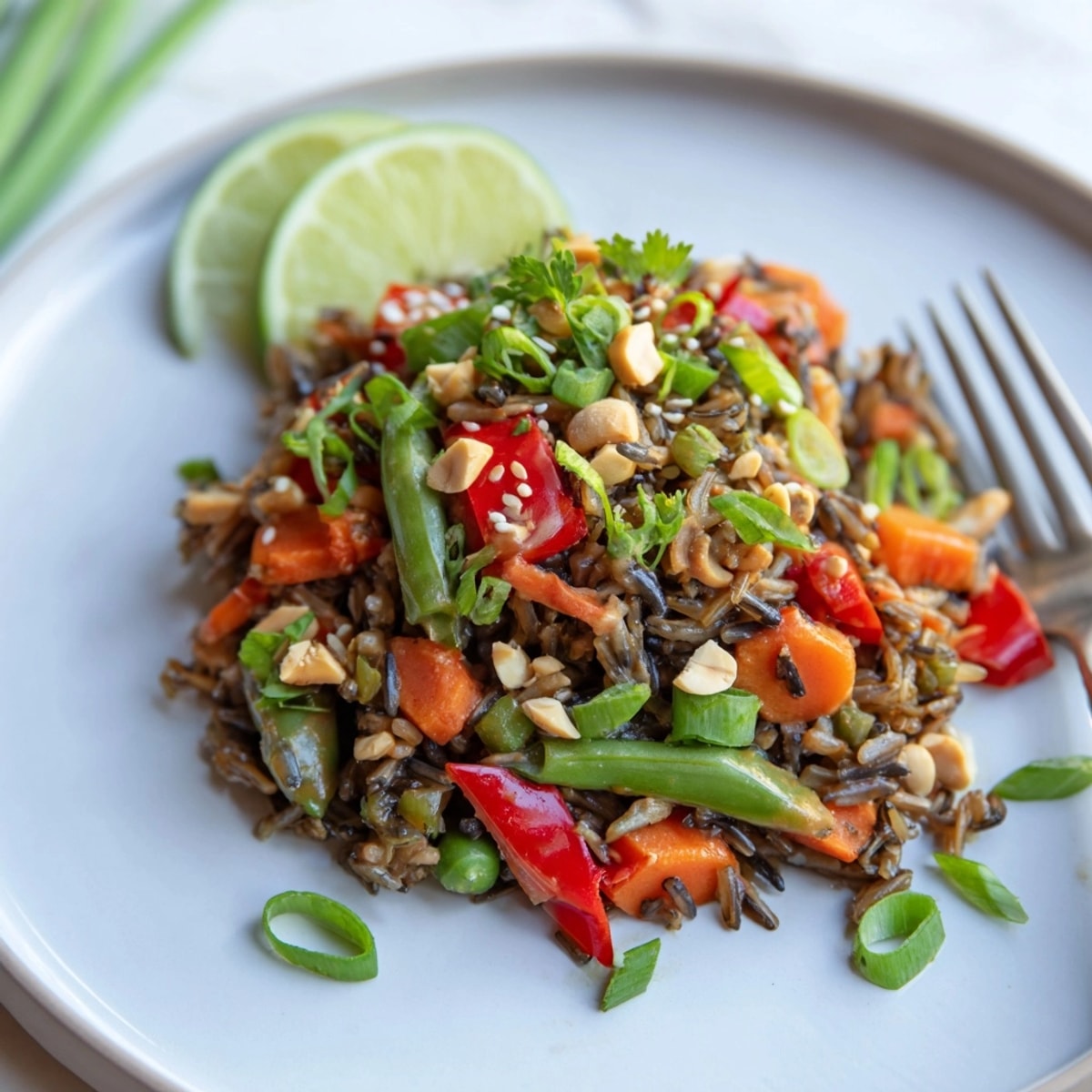 Creamy Thai Peanut Wild Rice Pilaf: savory, colorful grains tossed with vegetables.
