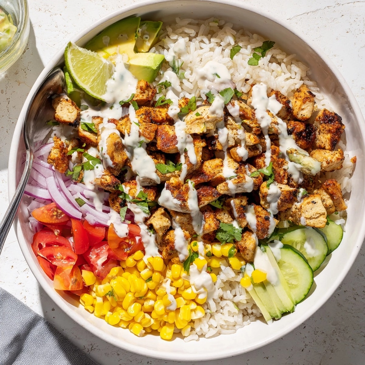 Close-up shot of vibrant Cajun Chicken Ranch Rice Bowls, a spicy, flavorful lunch.