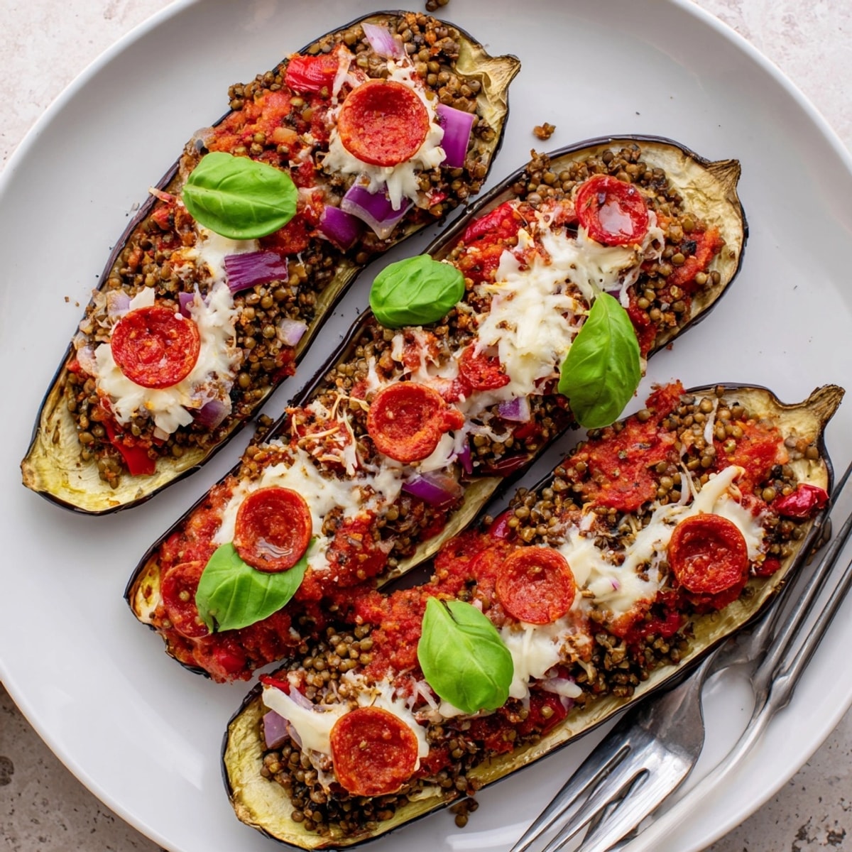 Savory Protein Eggplant Pizza Boats with melted mozzarella, sliced pepperoni, and fresh basil.