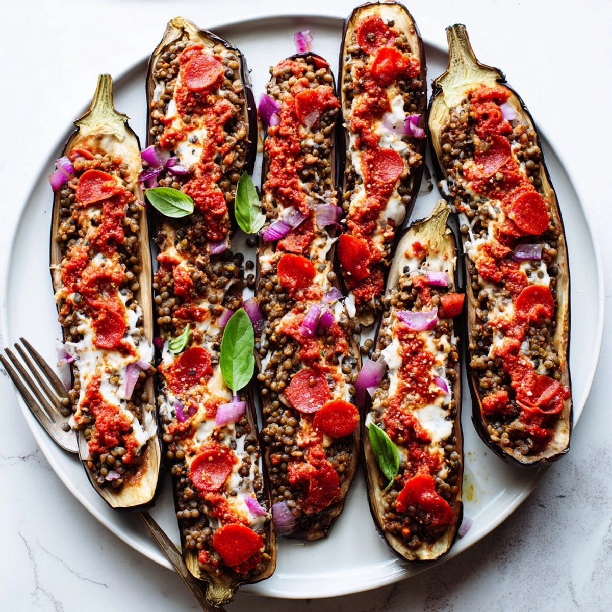 Cheesy Protein Eggplant Pizza Boats: a close-up shot, visually appealing, delicious vegetarian meal.