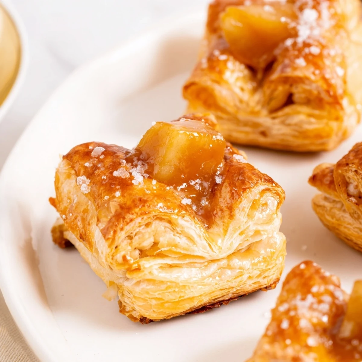 Warm caramel apple pastry bites nestled in flaky dough, perfect for a sweet treat.