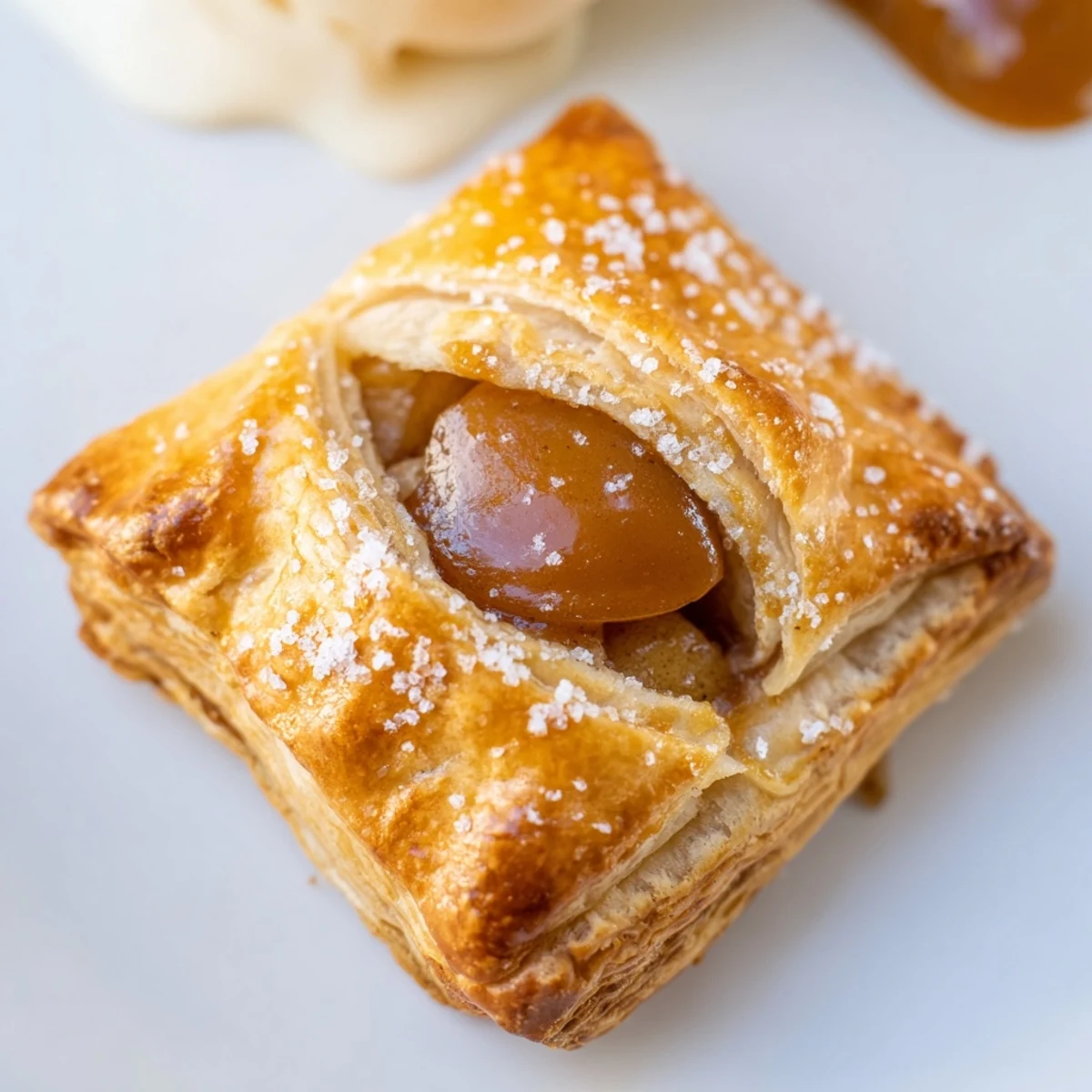 Deliciously golden-brown caramel apple pastry bites, served warm with ice cream on top.