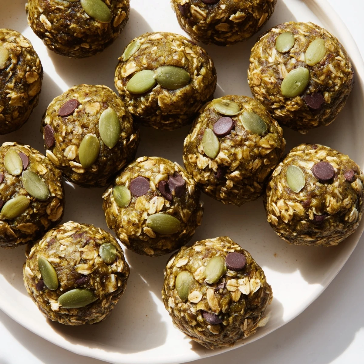 Wholesome Matcha Pumpkin Muffin Energy Balls, studded with mini chocolate chips and pumpkin seeds.