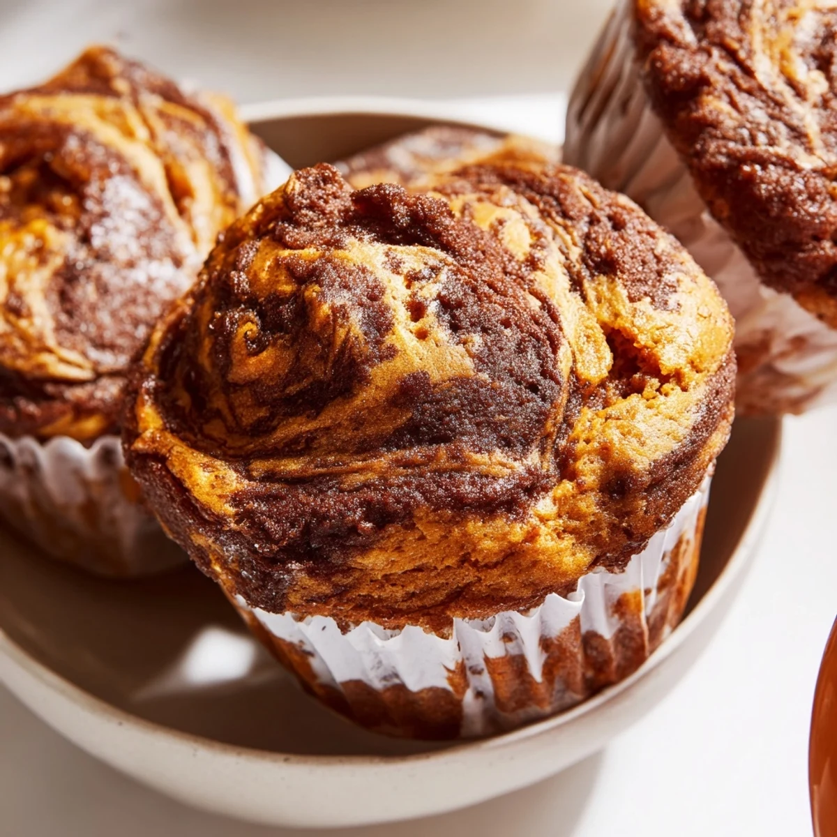 Moist gingerbread pumpkin muffin swirls topped with a warm, spiced glaze.