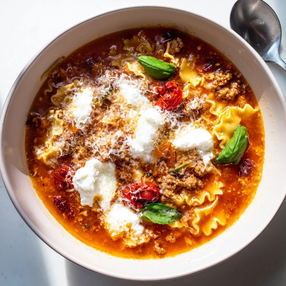 Comforting lasagne soup topped with ricotta and sweet-tart roasted cranberries.