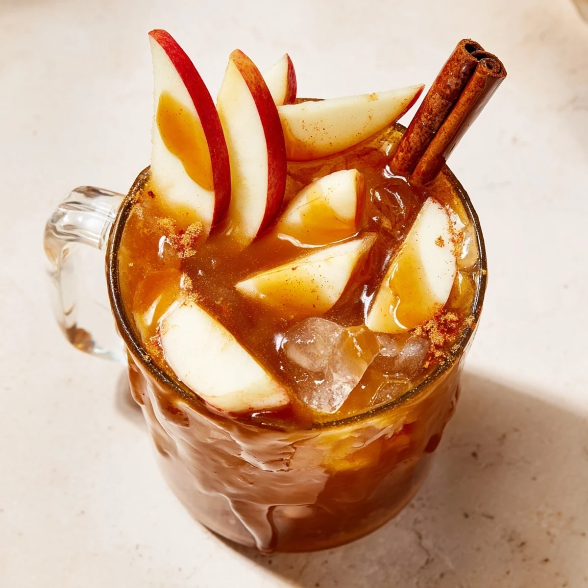 Chilled Spicy Caramel Apple Mule mocktail garnished with fresh apple slices and cinnamon.