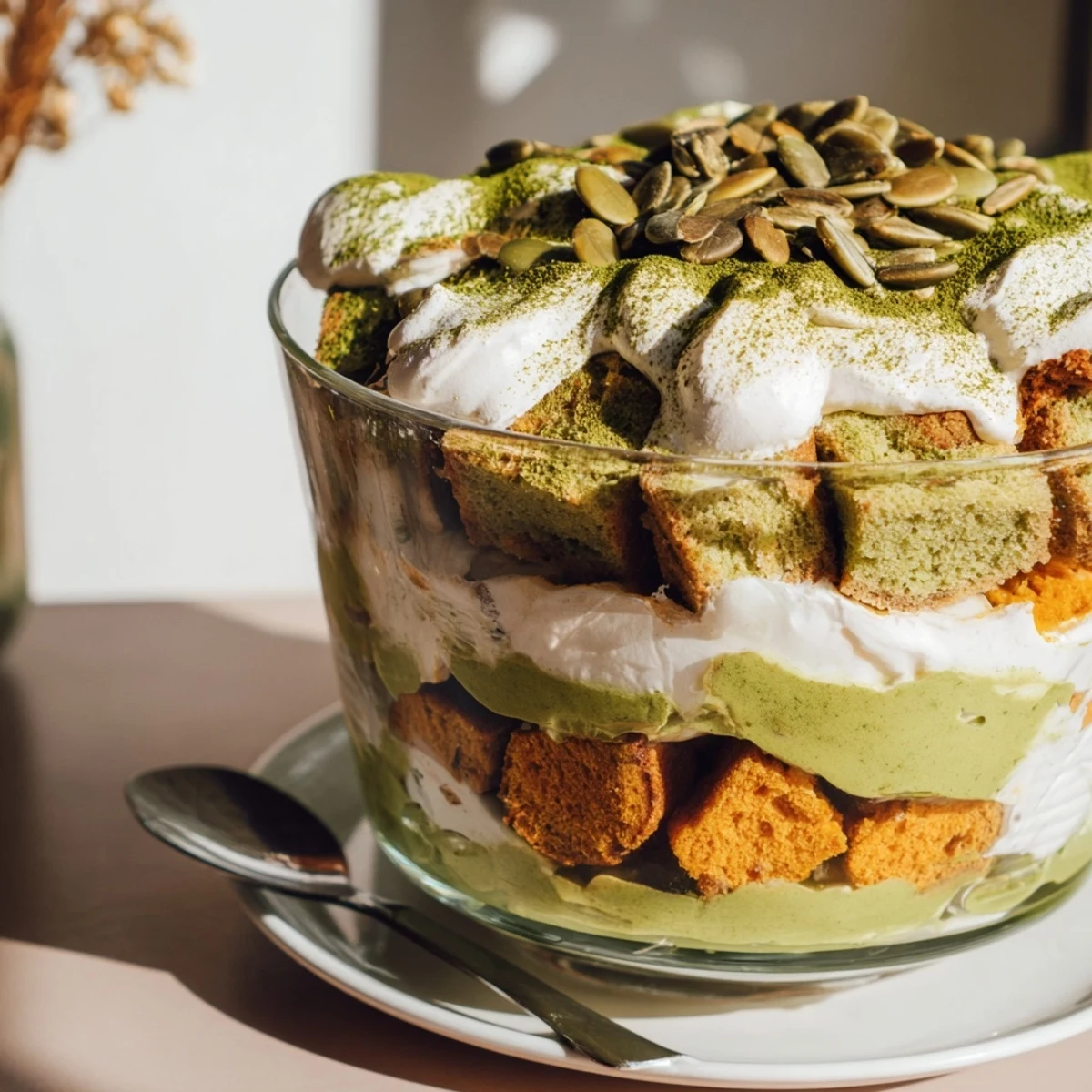 Layers of matcha pumpkin muffin trifles topped with fluffy whipped cream delight dessert lovers.