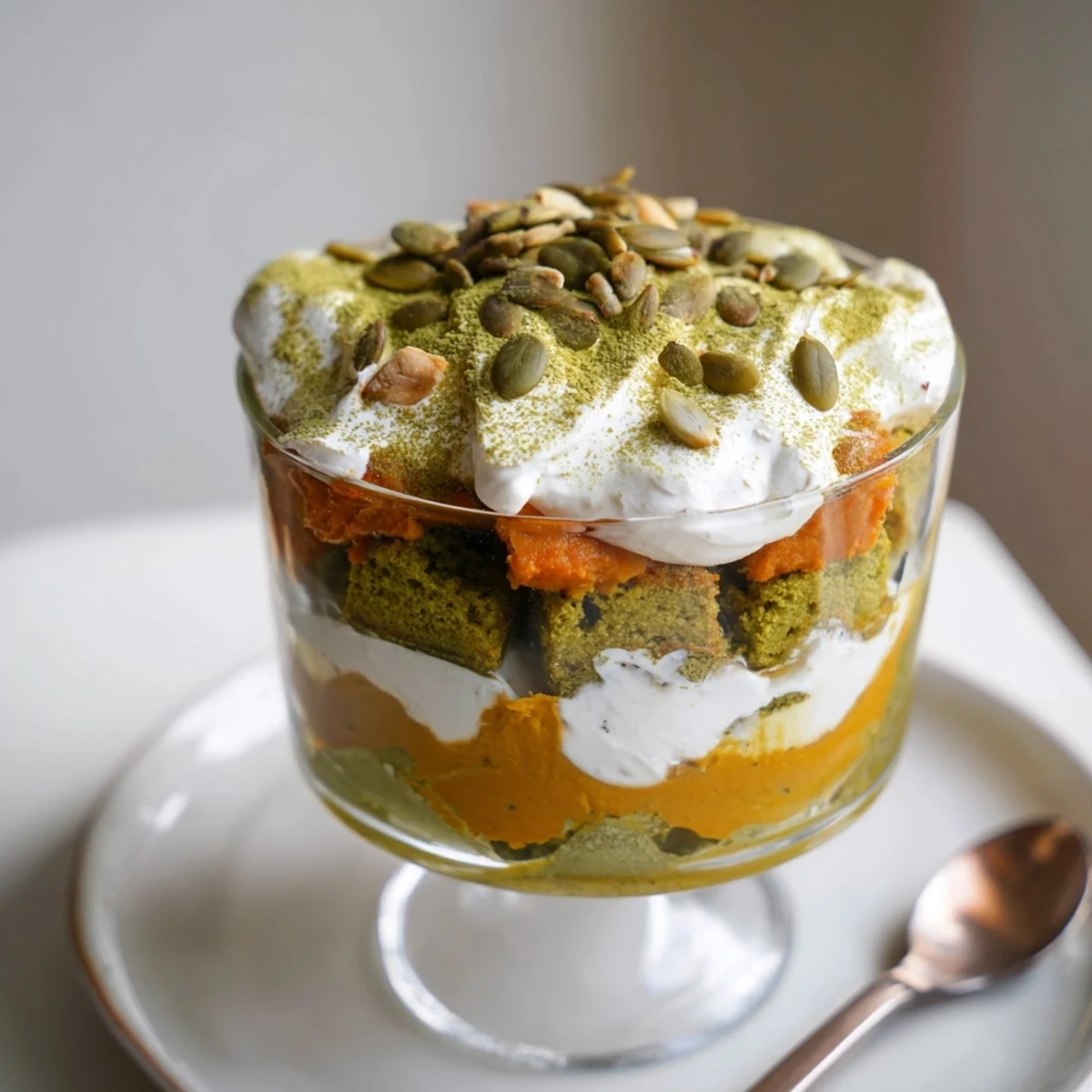 Warm, spiced pumpkin cream meets soft matcha muffin cubes in vibrant trifles.  
