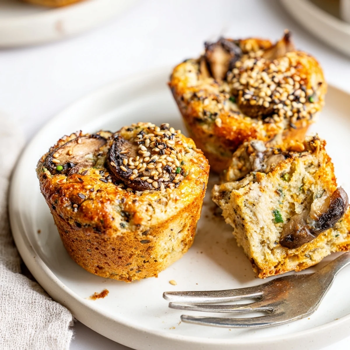 Savory Japanese Furikake mushroom muffins topped with sesame seeds and herbs.  