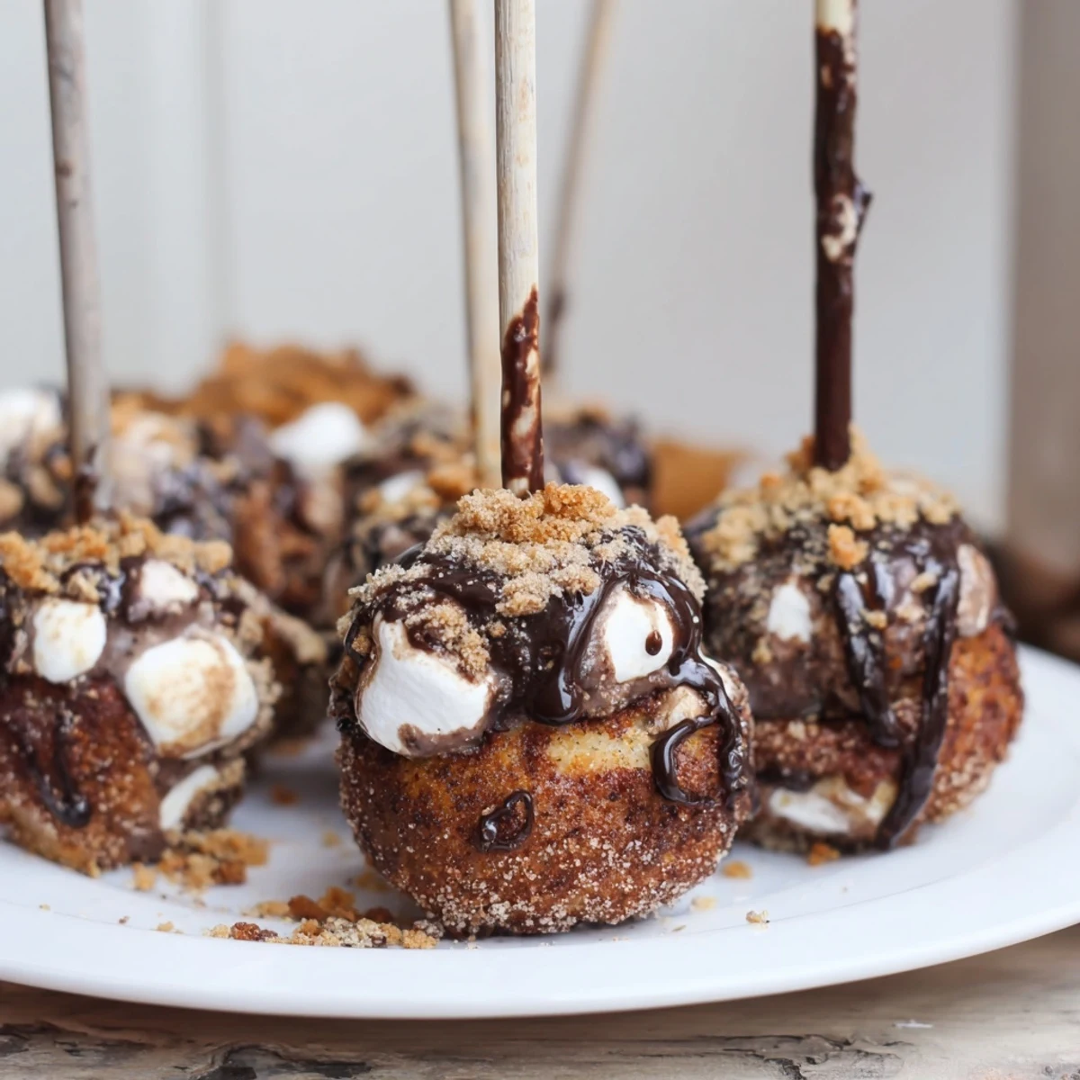 Whimsical Smores Churro Cake Pancake Pops on sticks, ideal for festive celebrations or snacks.