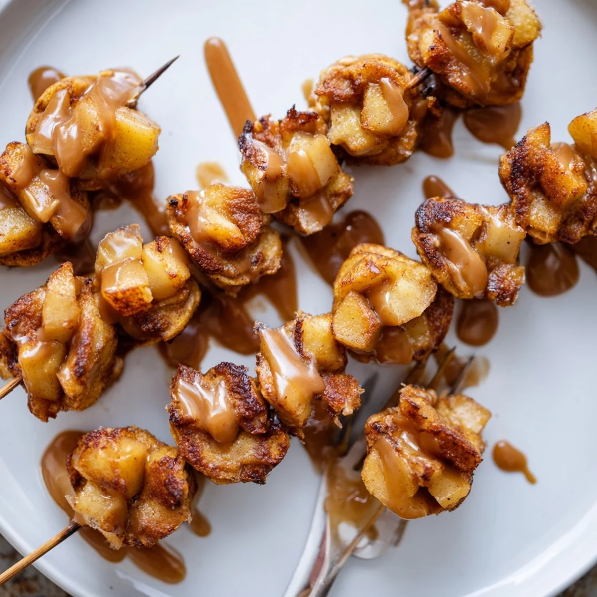 Delicious caramel apple chai pumpkin pancake muffin skewers drizzled with warm caramel sauce.