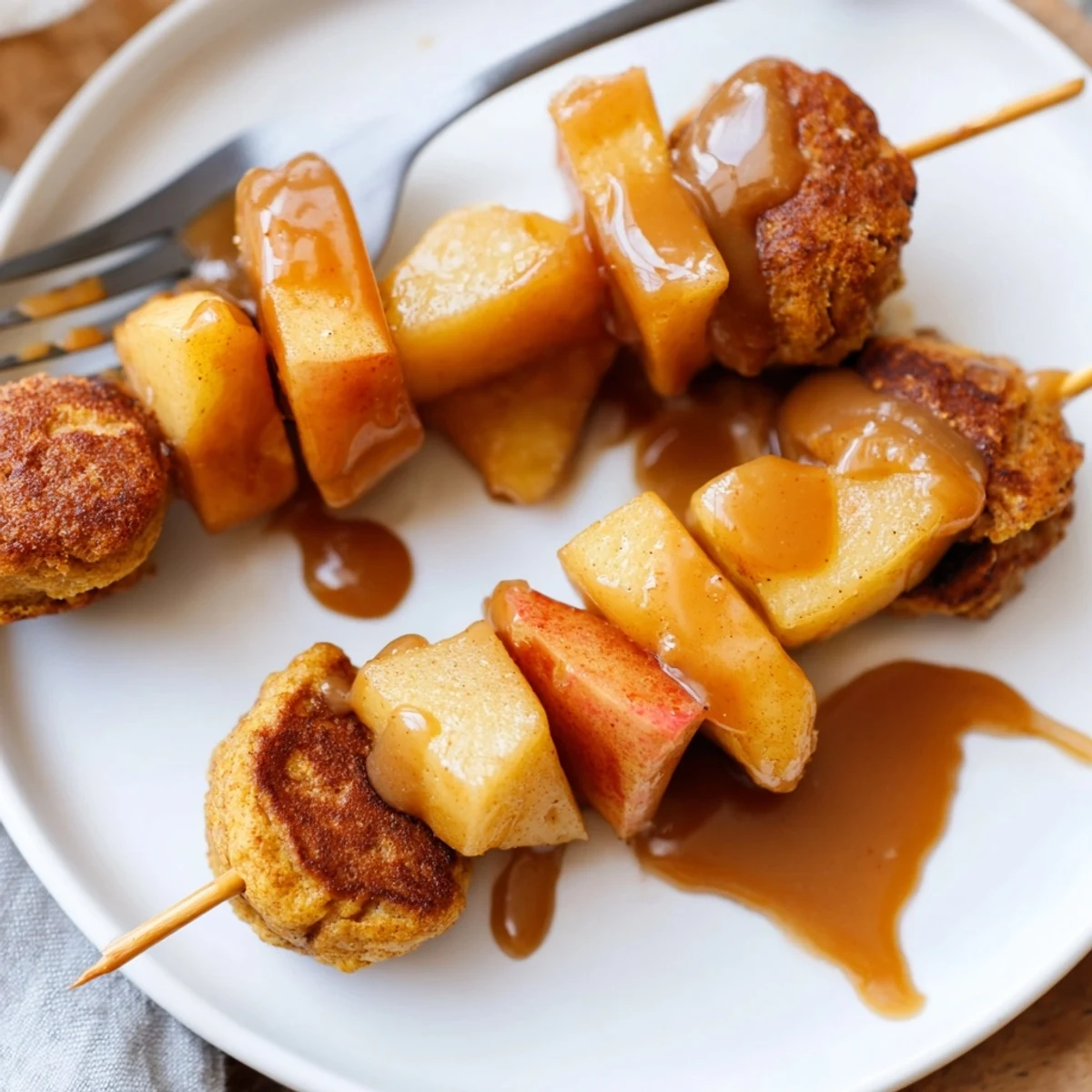 Festive skewers stacked with fluffy pumpkin pancakes, chai muffins, and sweet caramelized apples.