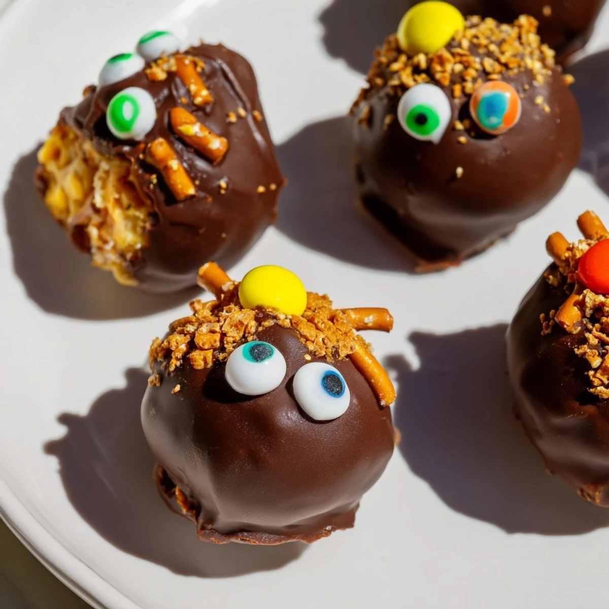 Delightful Cream Soda Cheddar Pretzel Monster Cake Balls decorated with candy eyes and pretzel crunch.