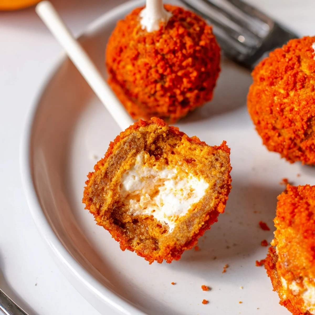Moist Cream Cheese Flamin Hot Pumpkin Muffin Pops on a stick, perfect for fall snacking.