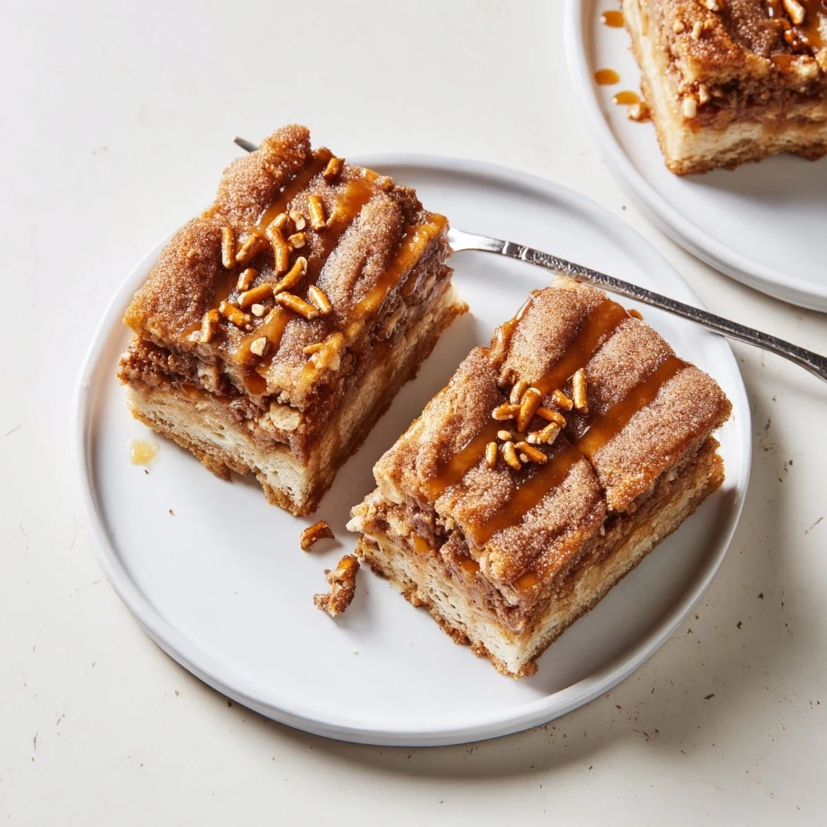Decadent cinnamon sugar maple bourbon biscuit bars topped with crunchy pretzel pieces.  
