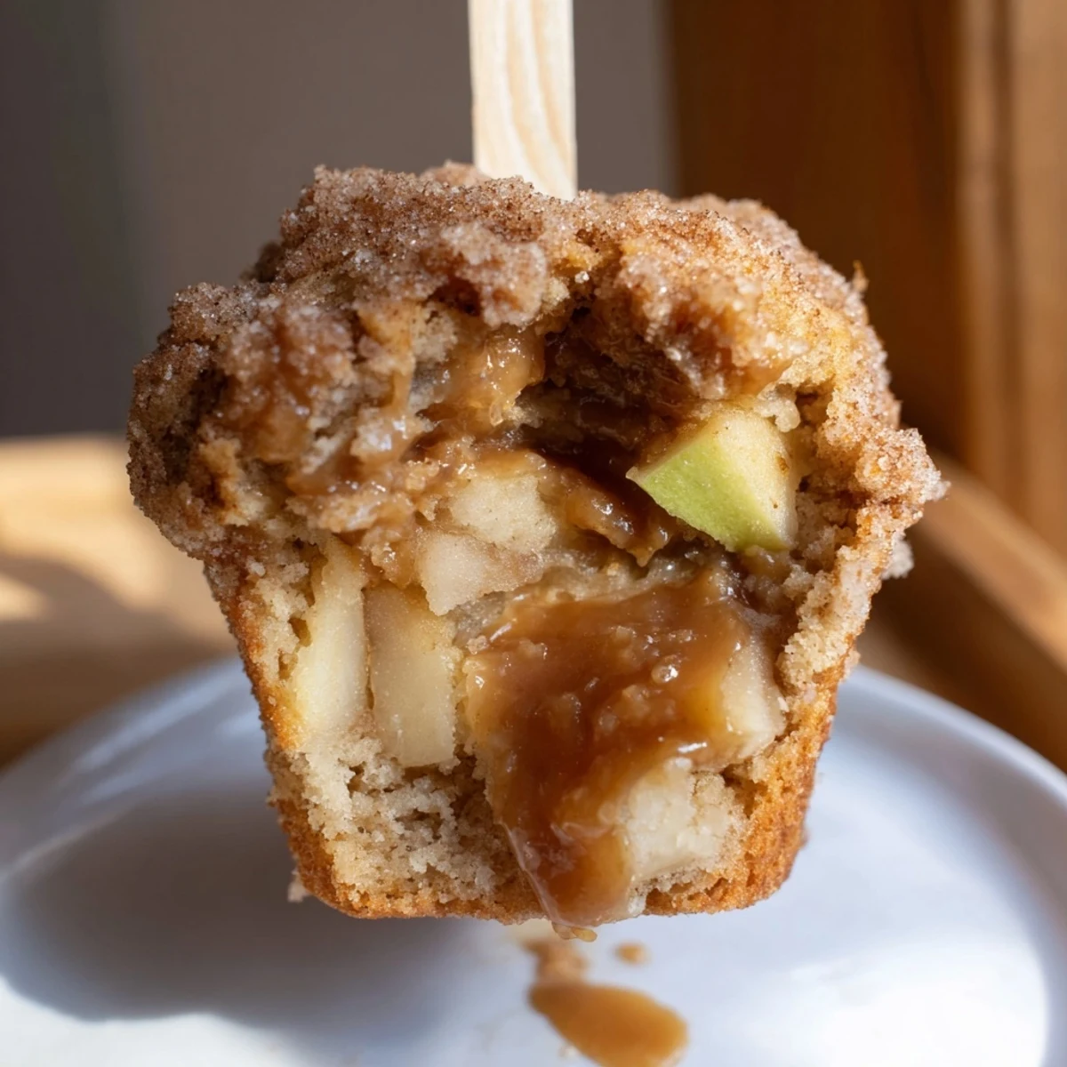 Tender Sweet Tea Caramel Apple Cinnamon Muffin Pops with gooey caramel centers on sticks.  