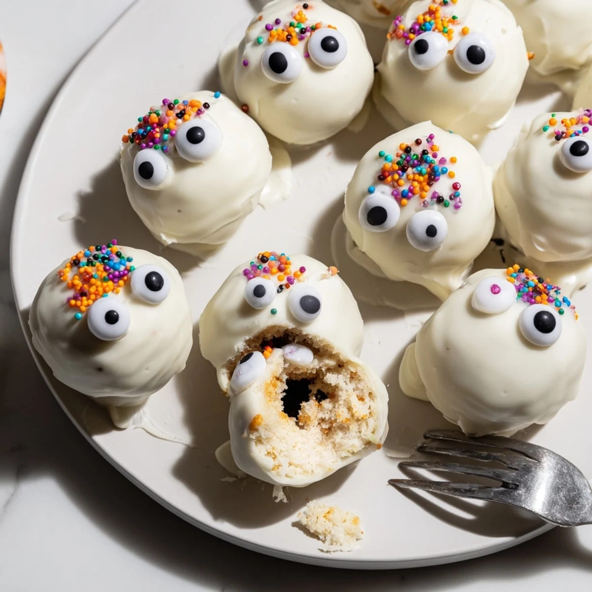 Delicious Sweet Potato Cinnamon Sugar Monster Cake Balls topped with candy eyes and sprinkles.  
